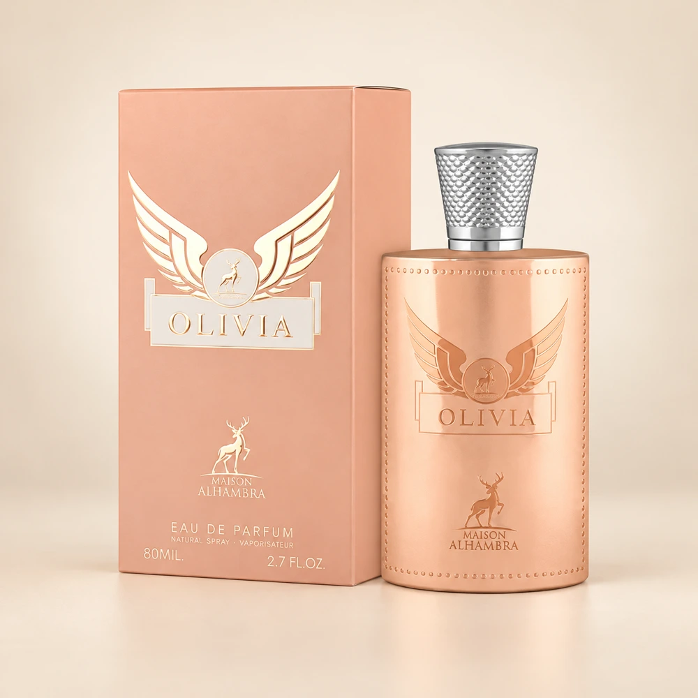 عطر الحمبرا اولیویا ۸۰ میل به همراه جعبه با زمینه کرم