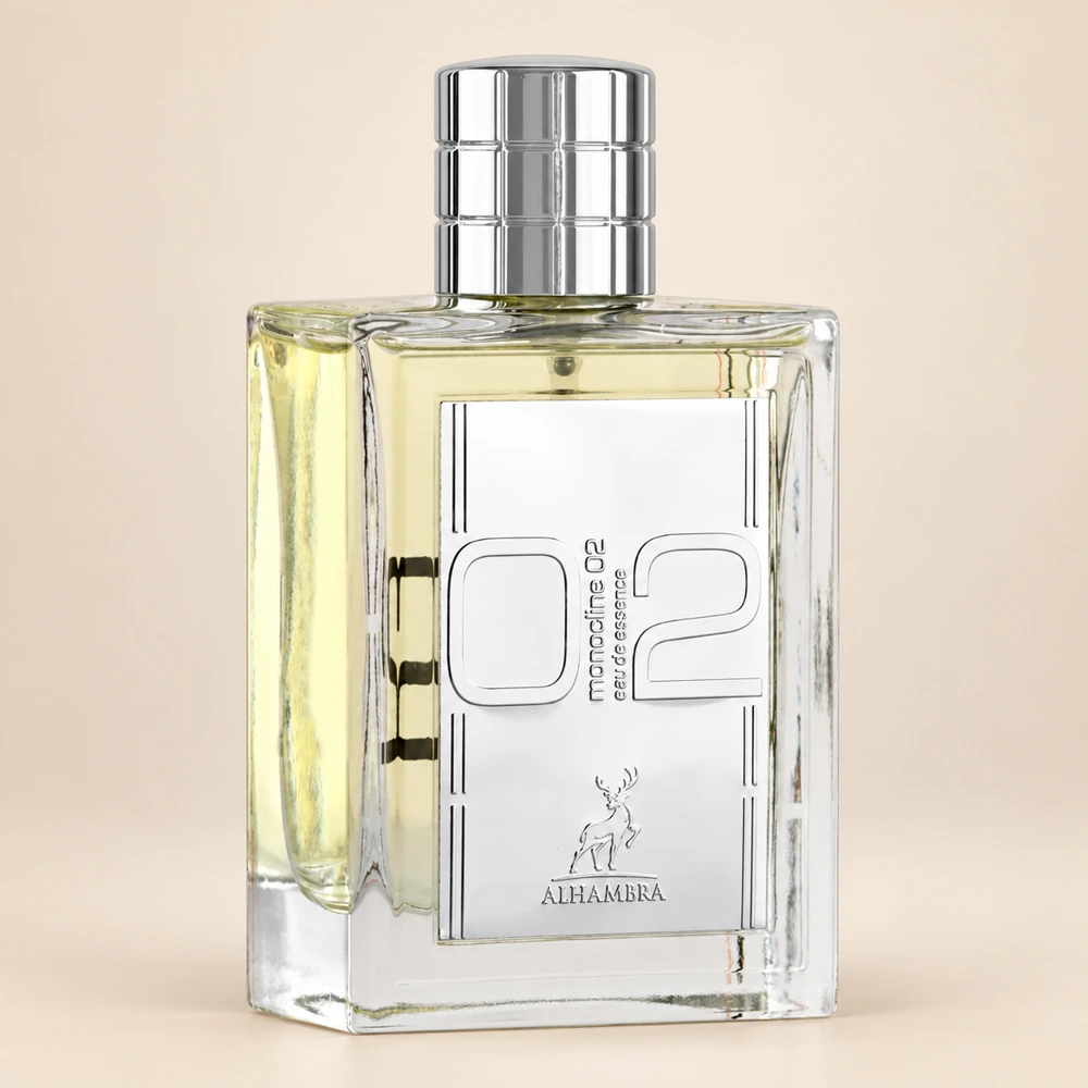 نمای بطری عطر الحمبرا مونوکلین ۰۲ با زمینه کرم