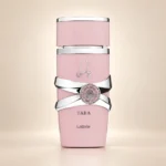 نمای بطری عطر لطافه یارا صورتی با زمینه کرم