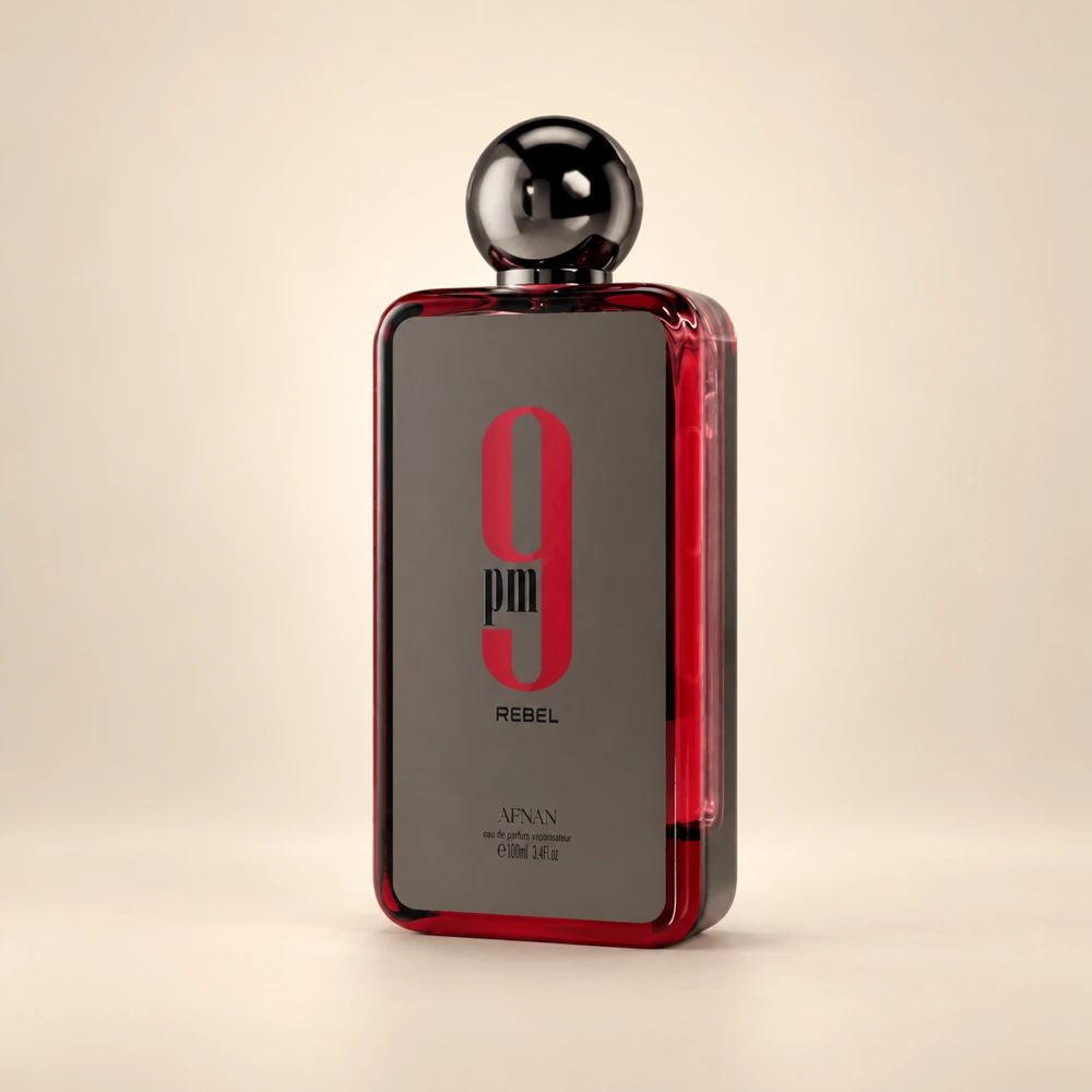 نمای بطری عطر افنان ۹ پی ام ربل با زمینه کرم